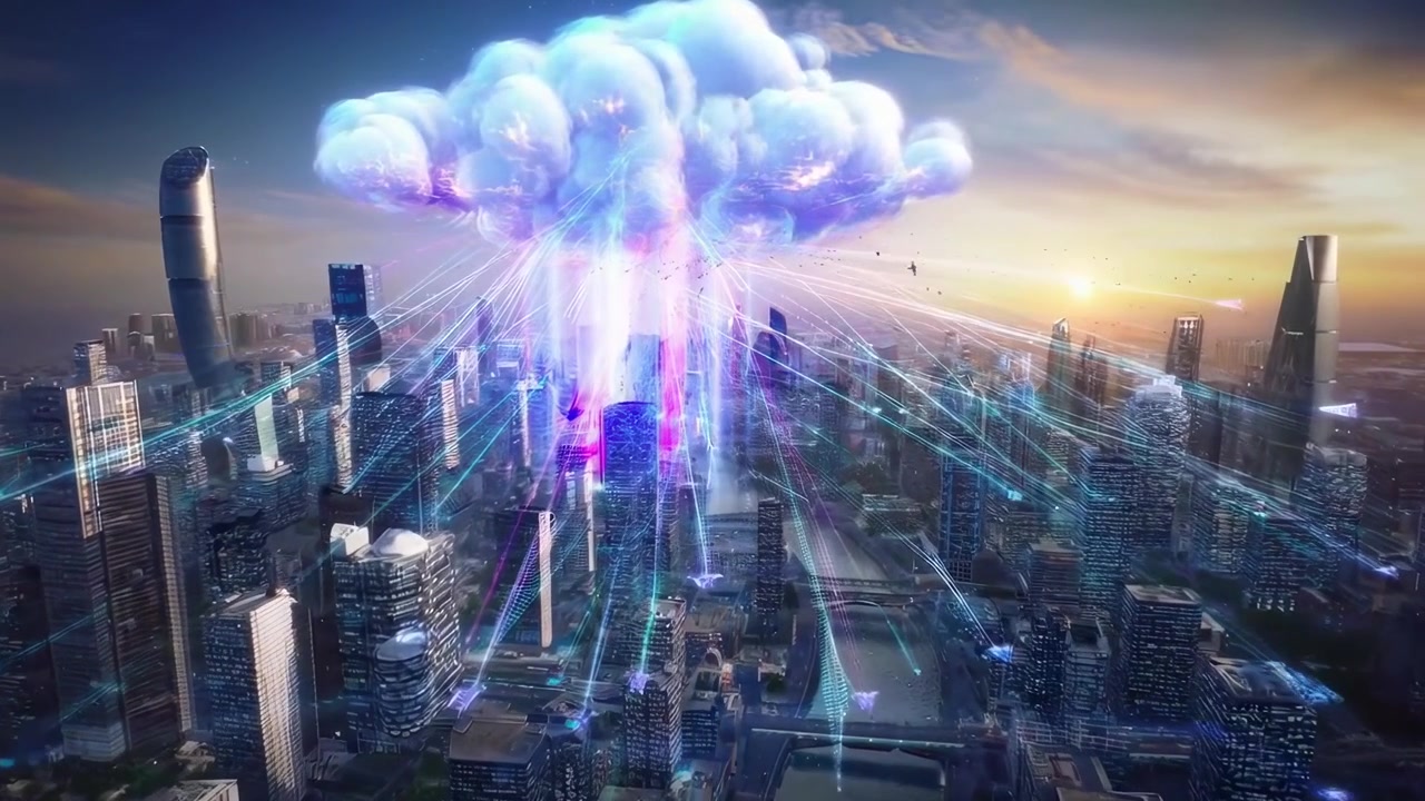Futuristic Smart City Connected by Glowing Cloud Data Network