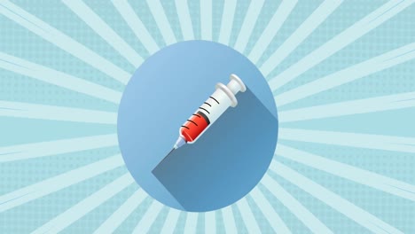 animación digital del icono de la jeringa sobre una pancarta redonda contra un fondo radial azul