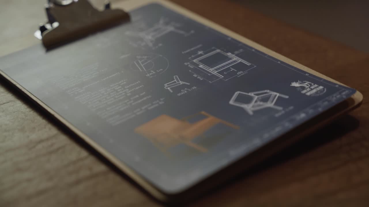 Detailed furniture blueprints rest on a clipboard on a wooden desk, showcasing craftsmanship, design, and precision planning in furniture making or woodworking