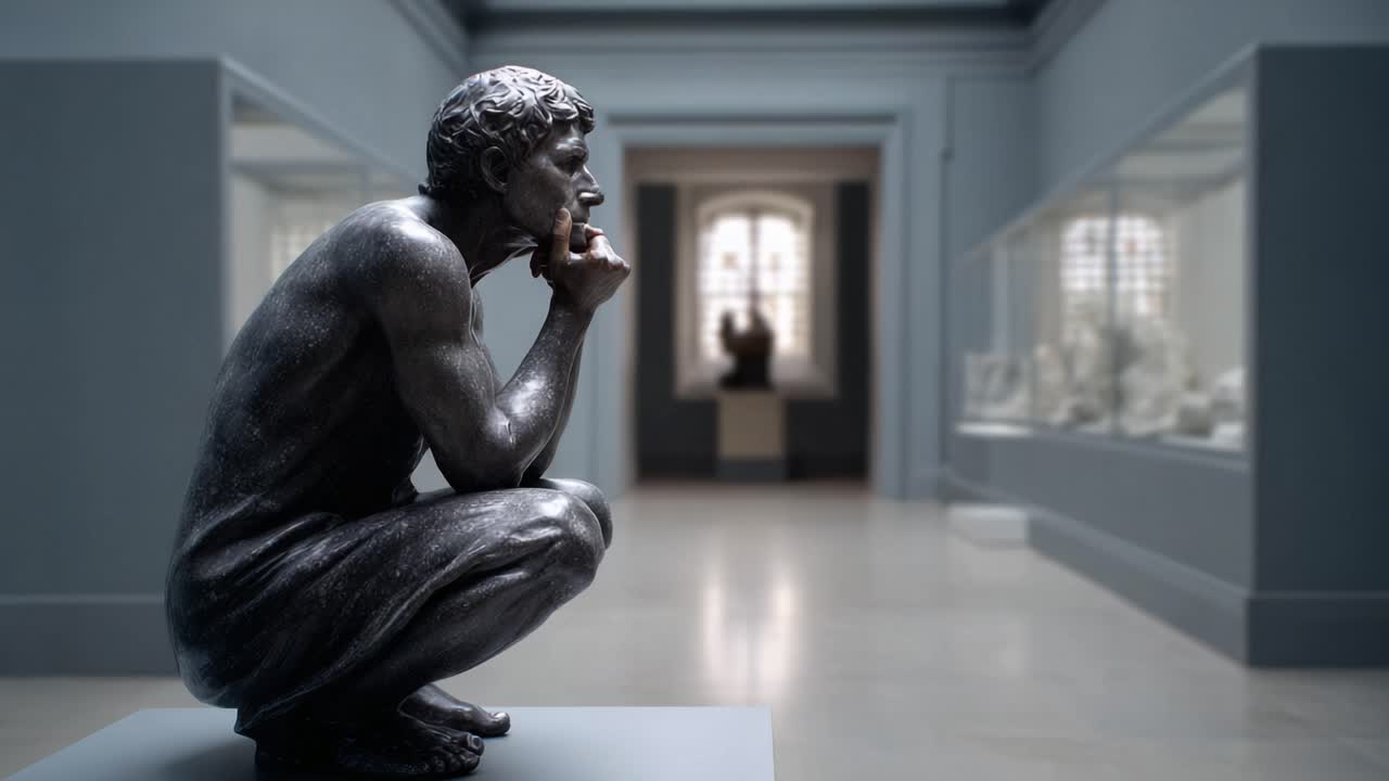 Contemplative Sculpture in a Museum: A Bronze Artwork Capturing Thought and Emotion in an Elegant Gallery Setting