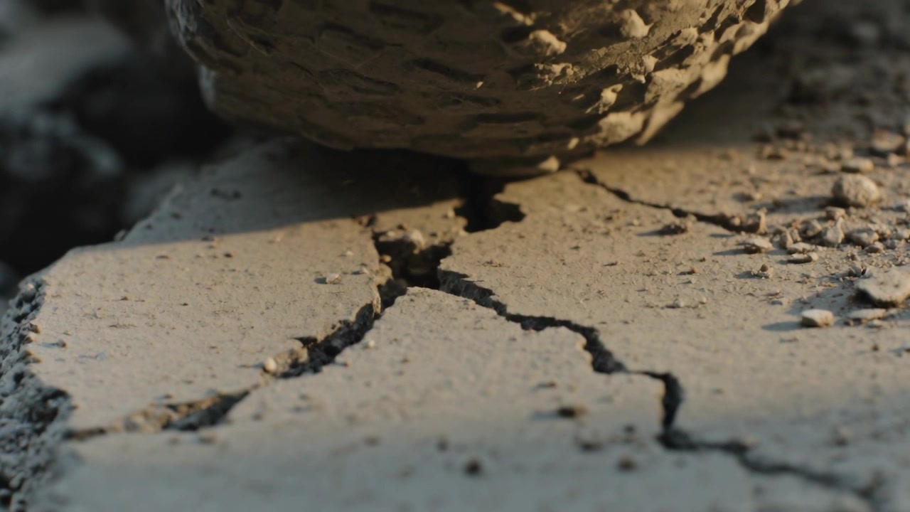 Settling clay lump pressing into cracked mud closeup, opening central fissure and dropping chips
