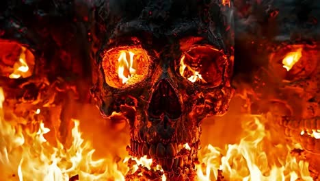 three skulls in flames with glowing eyes