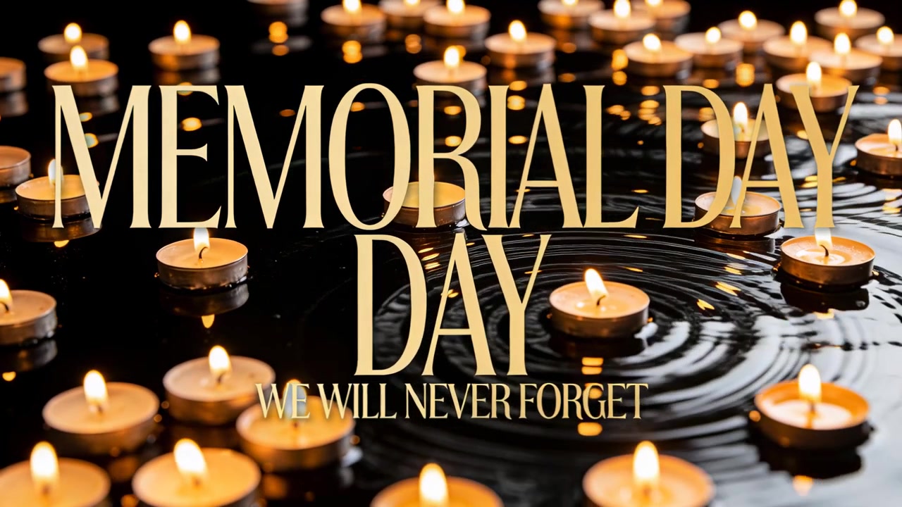 記念の池の暗い水面に波紋を作り、金色の「MEMORIAL DAY」の文字とともに揺らめくティーライトキャンドル