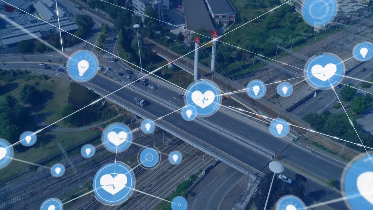 도시 풍경 위의 아이콘으로 연결된 네트워크의 애니메이션