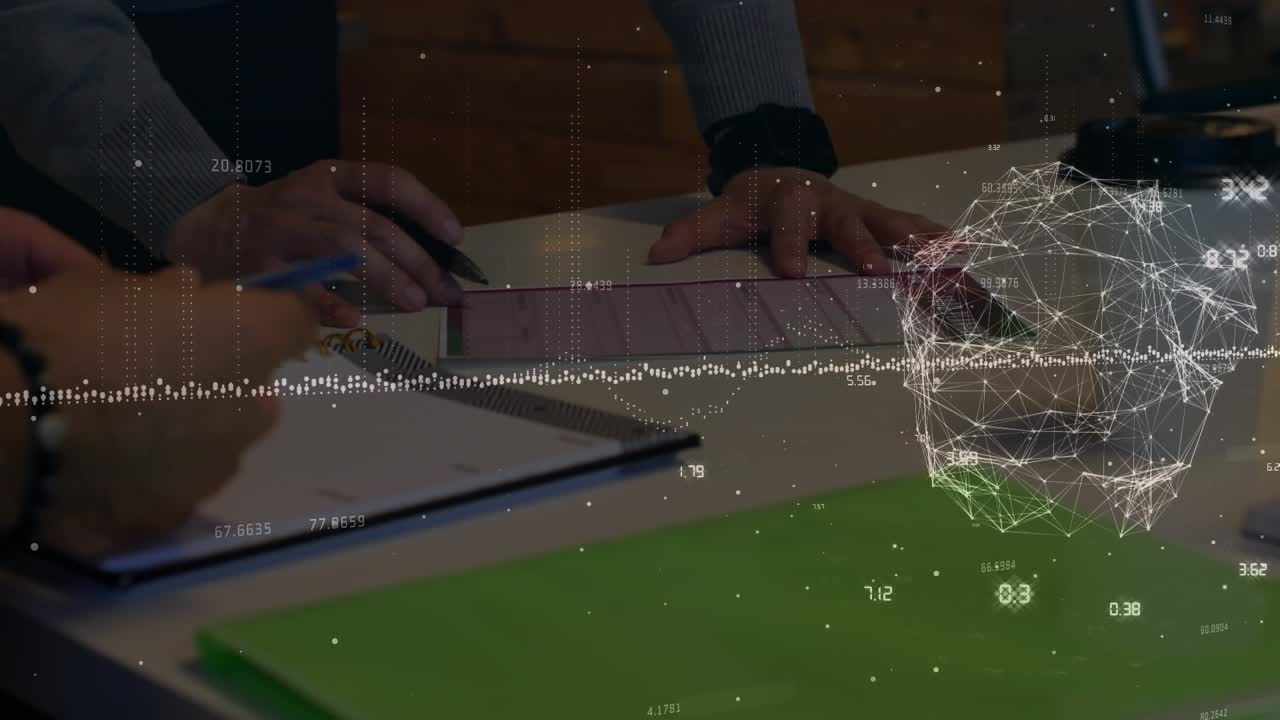 Animation of financial data processing and globe over man writing