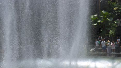 large indoor waterfall cascades in front of tropical plants and visitors, with natural daylight and gentle camera pan revealing architectural glass ceiling