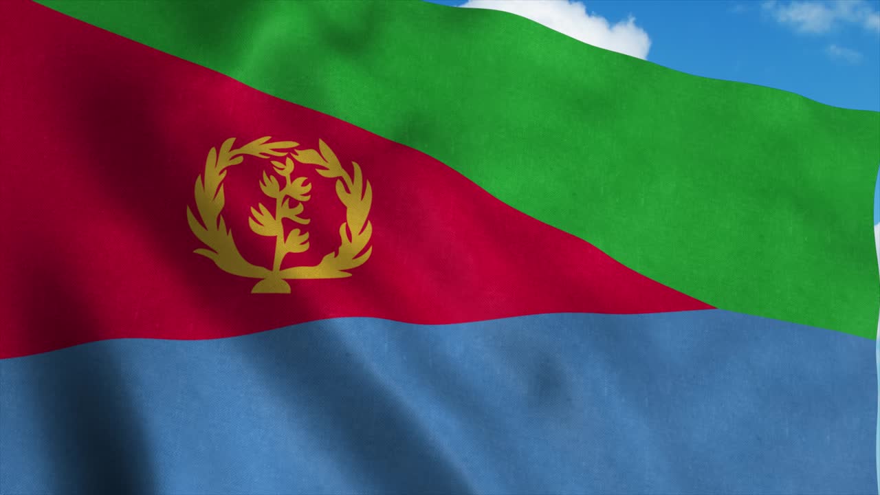 Eritrea flag waving in the wind, blue sky background. 4K