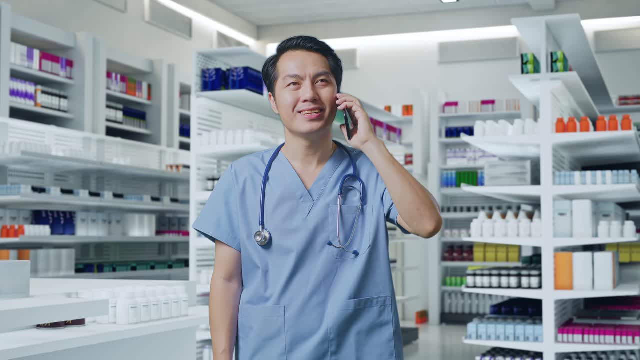 약국 에 서 있는 동안 스마트폰 으로 스테토스코프 를 들고 말하는 아시아인 남성 의사