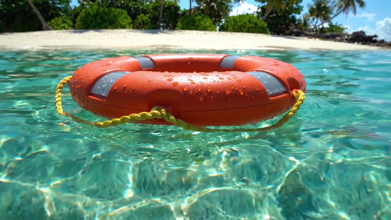 A Bright Orange Lifebuoy Floating in Crystal Clear Waters Surrounded by Lush Tropical Island Scenery under a Sunny Blue Sky