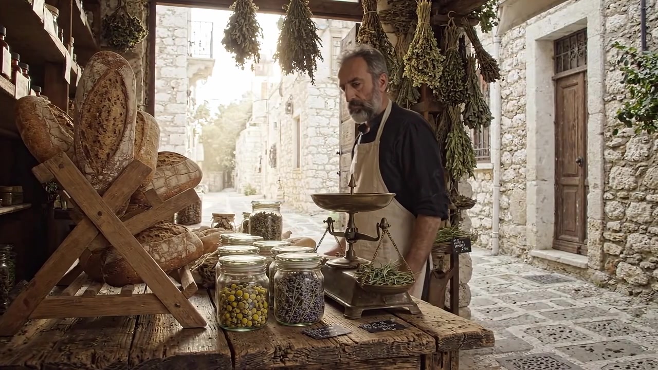 Negoziante artigiano che pesa erbe e pani in un mercato di villaggio rustico, pieno di ingredienti naturali e fascino antico.