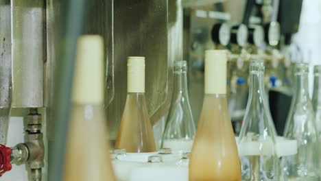 bottles of wine moving along the conveyor to the car where they are washed with water