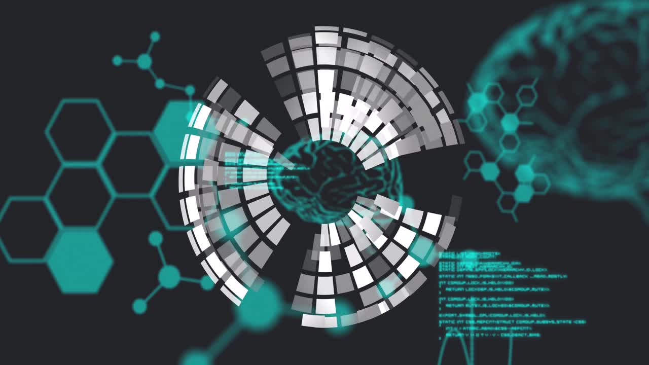 animazione del globo su formule chimiche e cervello su sfondo nero
