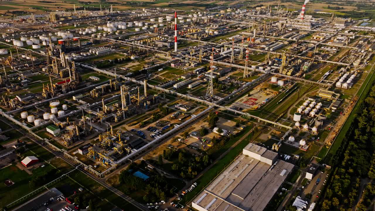 Expansive oil refinery network sprawling across rural land under sunset sky