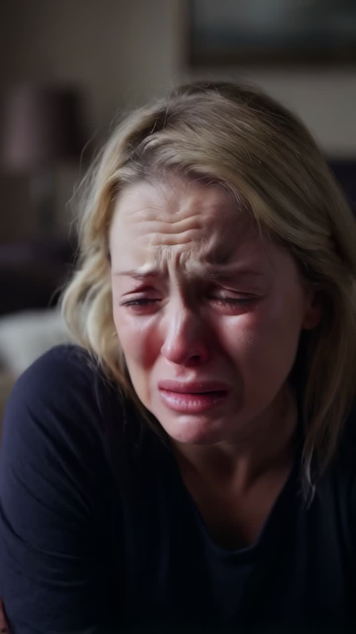 A woman crying in her living room, her face marked by intense emotion