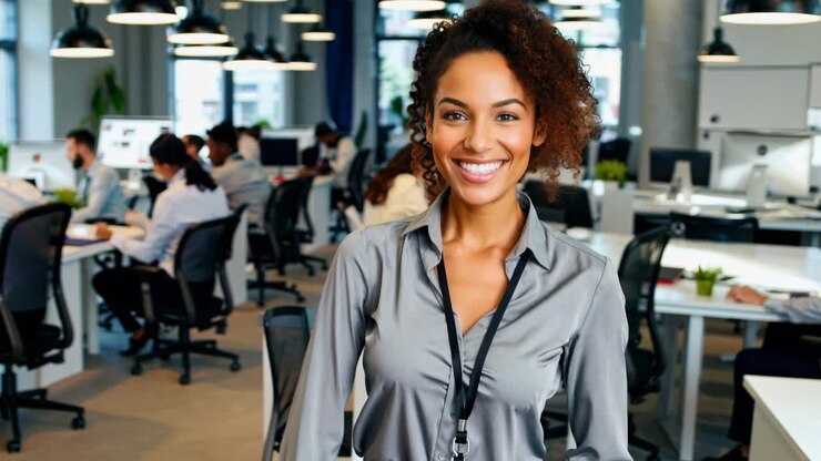 Smiling professional woman in a modern office, captured from a front-facing angle