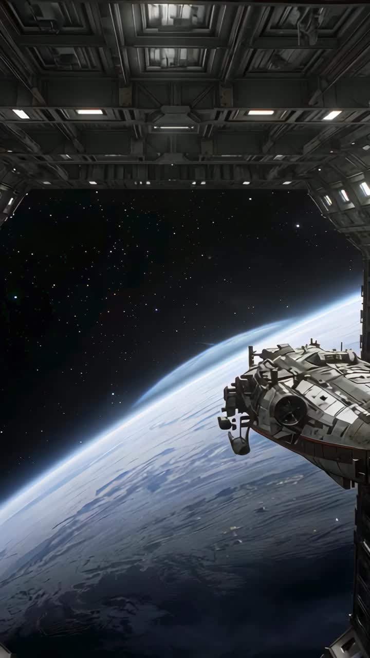 Vertical video: Edging shuttle craft moving left while aligning at station bay hatch, copy space