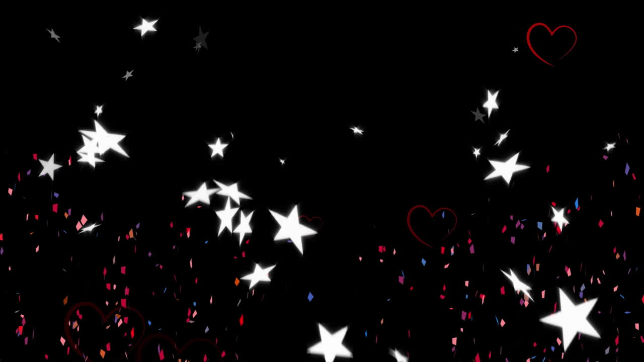 animación digital de confeti cayendo sobre un corazón rojo y iconos de estrellas cayendo contra un fondo negro