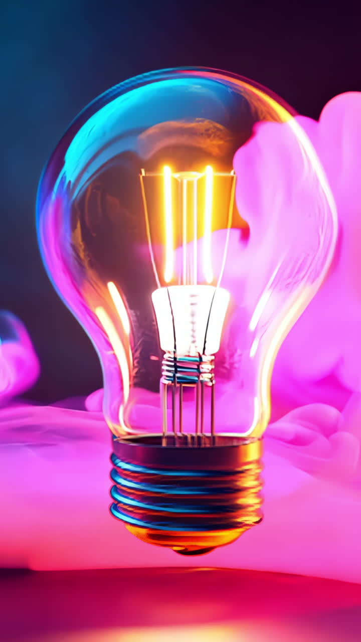 A light bulb is lit up in a colorful background. The light bulb is the main focus of the image, and the colors of the background create a vibrant and energetic mood