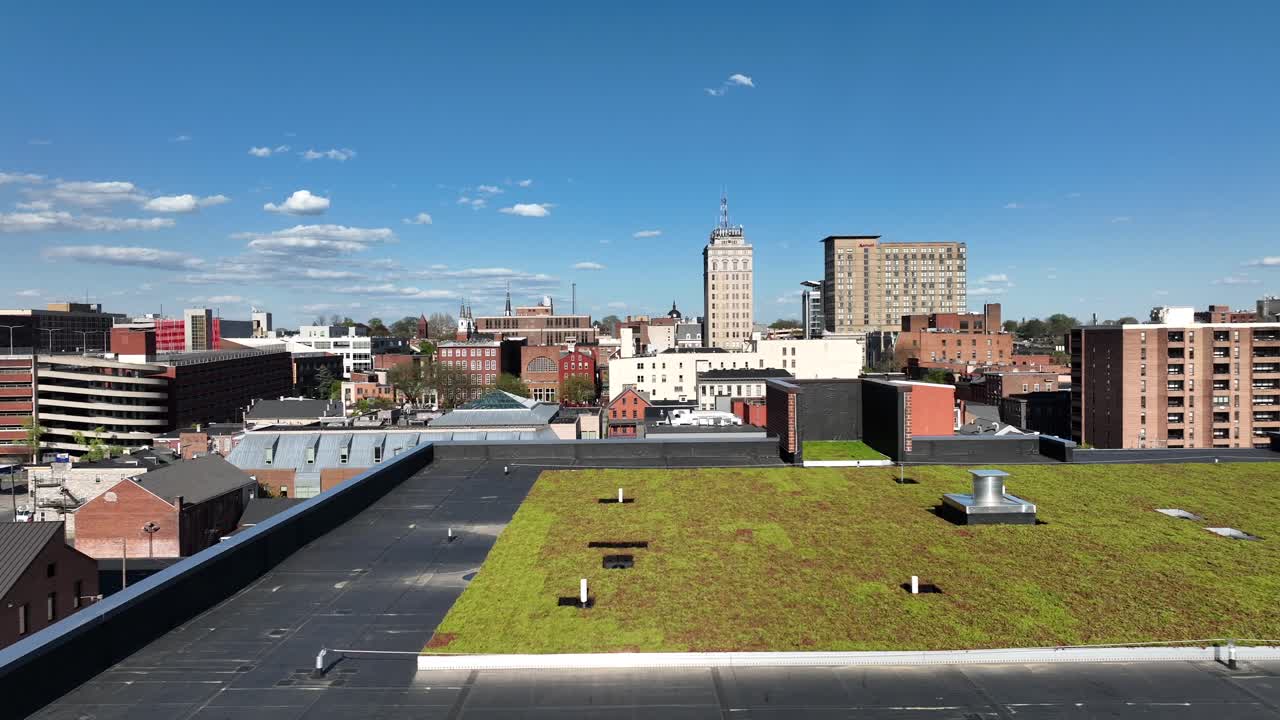 Panoramic view of a cityscape with a prominent green roof in the foreground under a clear blue sky.