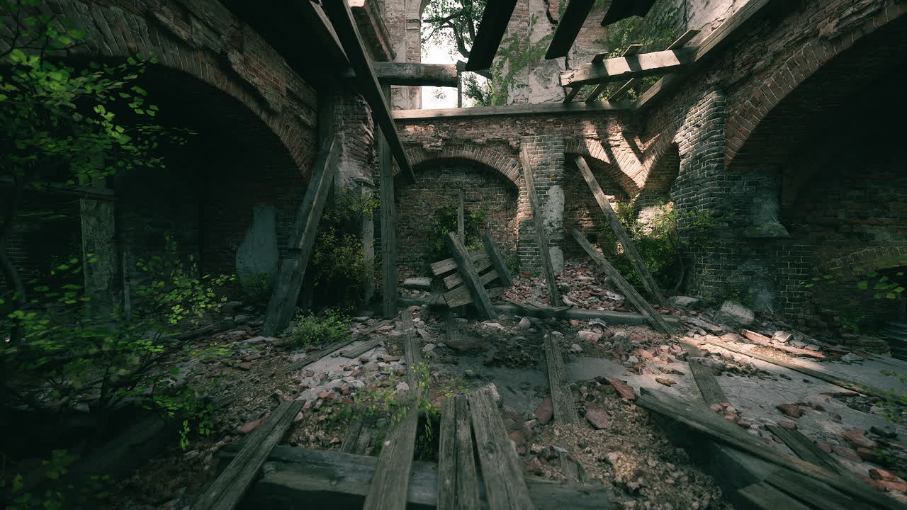 Ruined structure with fallen beams and overgrown plants in forgotten space