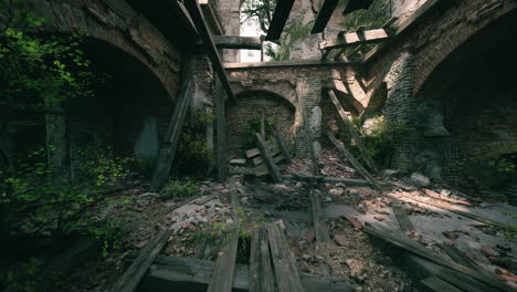 ruined structure with fallen beams and overgrown plants in forgotten space