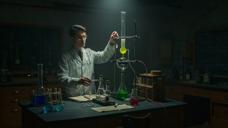 A dedicated scientist conducting a vibrant chemistry experiment in a dimly lit laboratory, meticulously combining colorful liquids to unveil new discoveries
