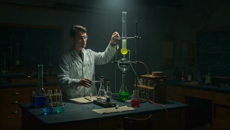 a dedicated scientist conducting a vibrant chemistry experiment in a dimly lit laboratory, meticulously combining colorful liquids to unveil new discoveries