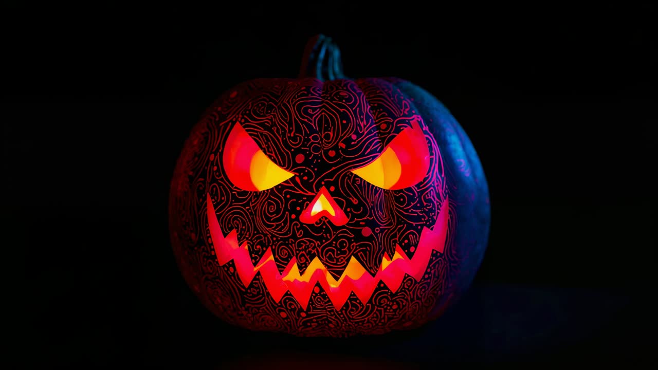 Activating internal LED, carved jack-o'-lantern radiating orange-red glow across dimly lit tabletop