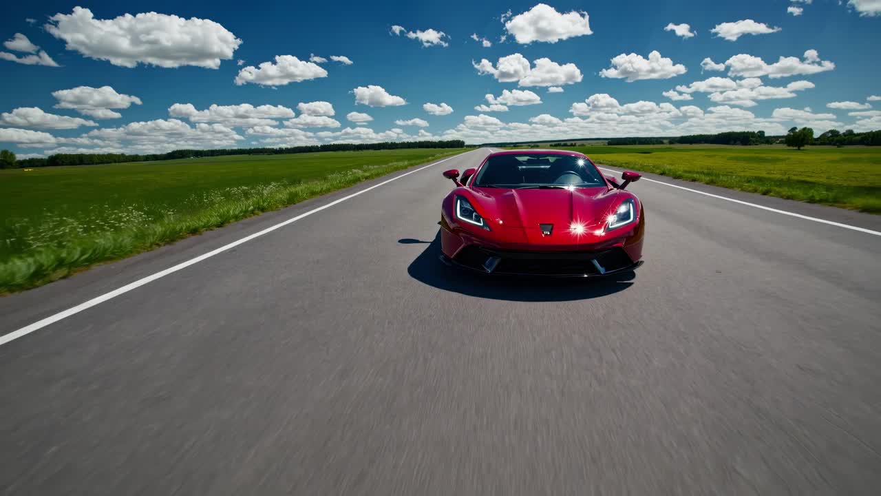 A dynamic video captures a sleek red sports car speeding down an open ...