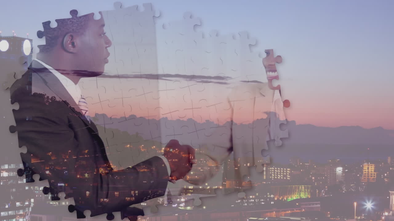 밤에 도시 풍경에 손을 흔드는 사업가와 사업가에 대한 퍼즐 효과