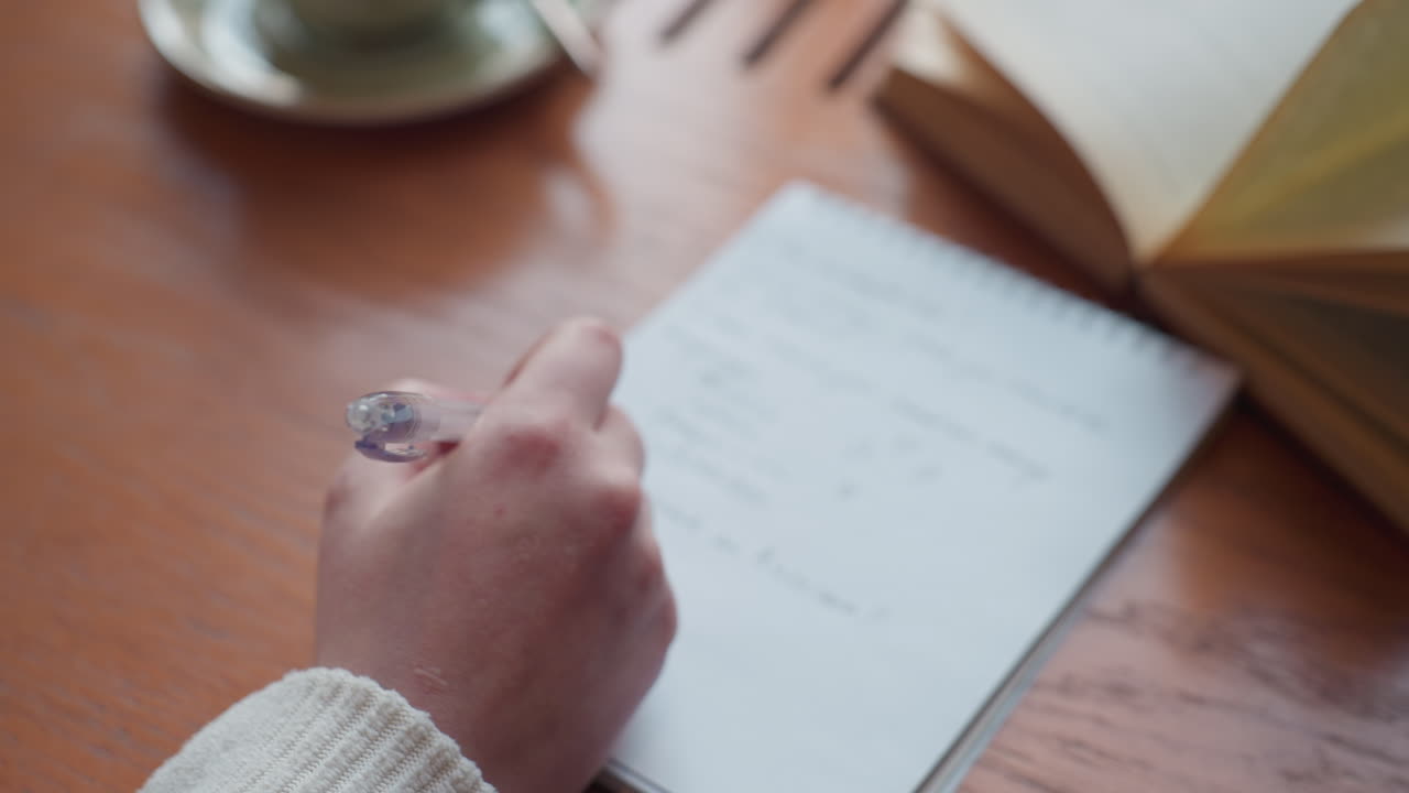 close up hand view of student holding transparent pen writing on lined notebook beside open book and green cup on wooden table in daylight setting with warm indoor ambiance