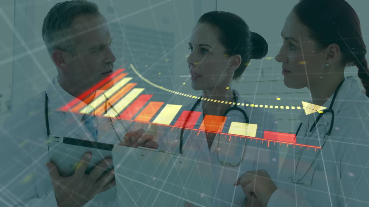 Discussing patient data, doctors reviewing bar graph animation in hospital office