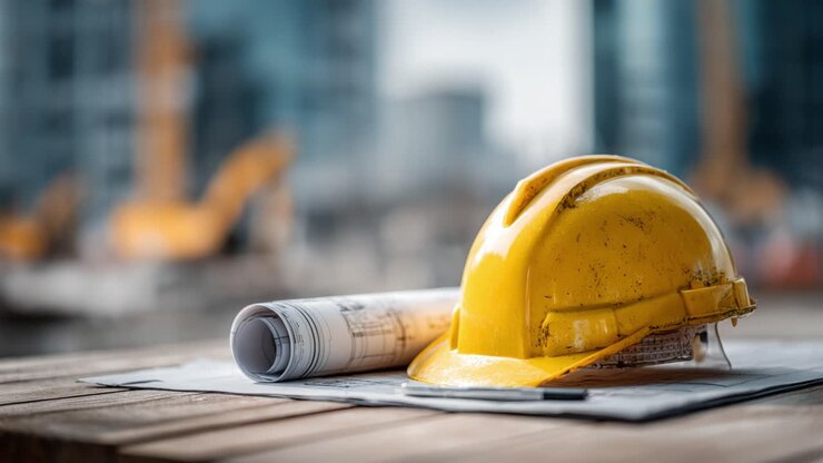 Construction Gear: A Yellow Hard Hat and Blueprints Captured in Focus Amidst a Dynamic Building Site, Symbolizing Safety and Planning in Engineering