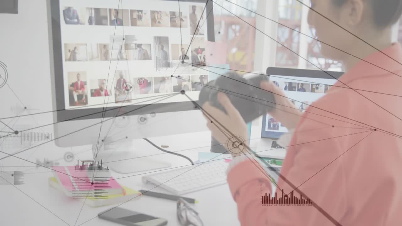Thumbnails drawing attention woman scrolling screen picking DSLR comparing settings matching shots