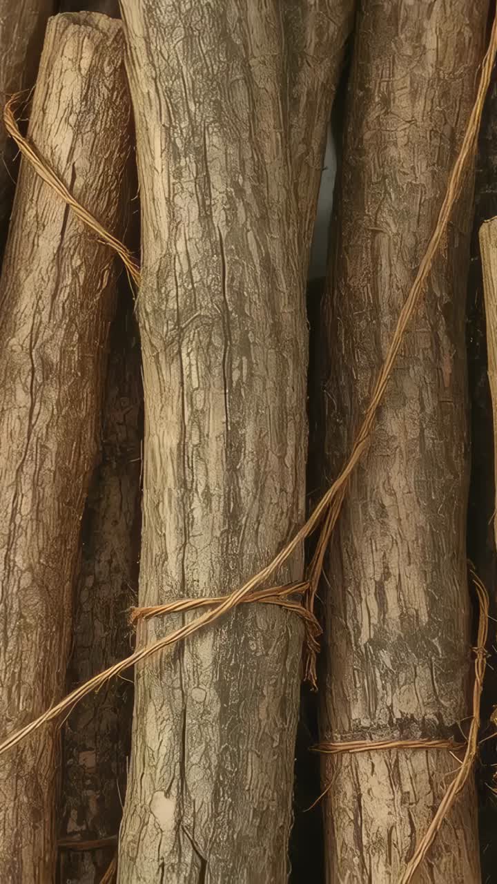 Vertical video: Shifting camera revealing stacked trunks at woodpile, with twine crossing bark knot