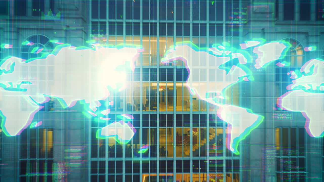 기술 도시 스카이라인에서 글로벌 오피스 빌딩 창문 접근 - 3d 렌더링