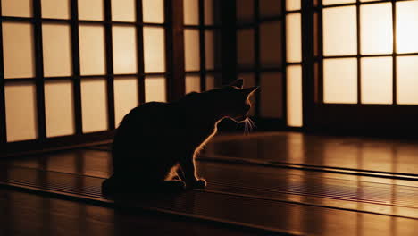 cat silhouette in a traditional japanese room