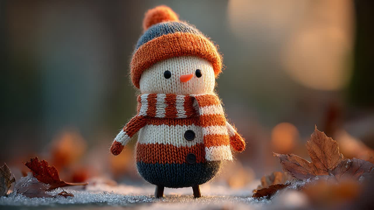 A Charming Handcrafted Snowman in Cozy Wool Attire Surrounded by Autumn Leaves on a Frosty Surface, Perfect for Winter Decor and Seasonal Cheer