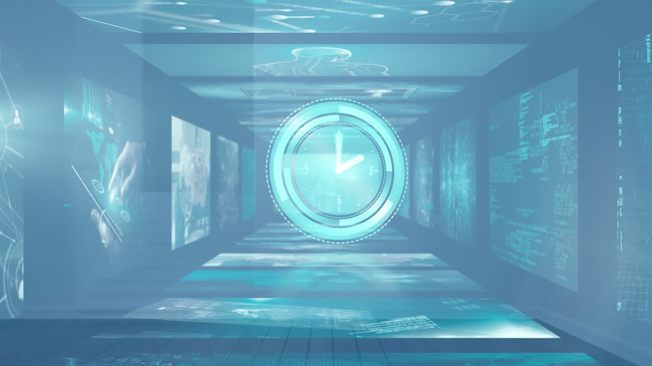 움직이는 시계의 애니메이션과 배경의 화면에서 다양한 데이터 처리