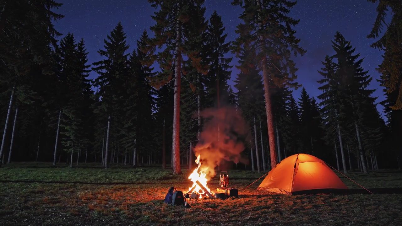 Fredelig natcamping scene med lejrbål og glødende telt