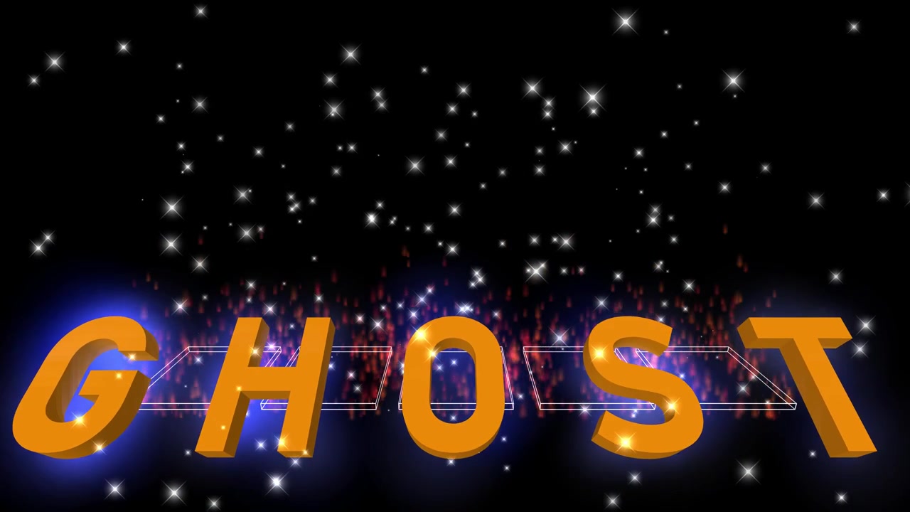 Fede 3D-bogstaver 'GHOST' med glødende effekter og funklende lys, der skaber et levende, overjordisk visuelt udtryk - Digital animation
