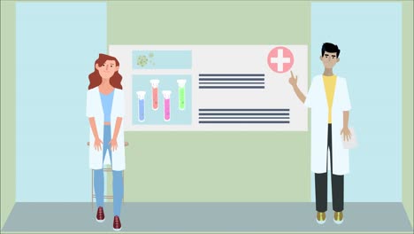2d animation illustration of male and female doctors telling important information