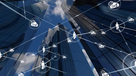 network of connections and data processing animation over skyscrapers and blue sky