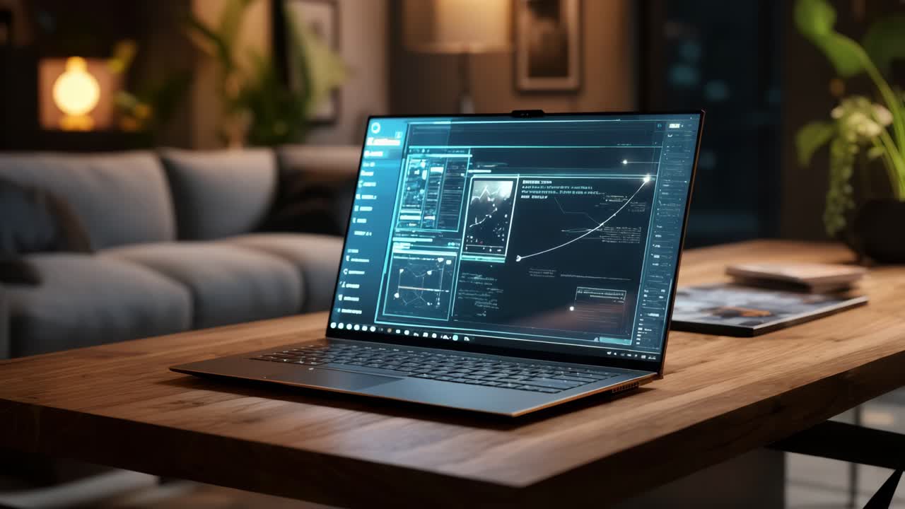 portátil en una mesa de madera por la noche