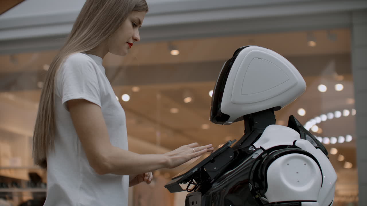 una programadora prueba el robot para la capacidad de interactuar con los usuarios. el uso de un asistente robot en la oficina. el robot da ayuda a la chica