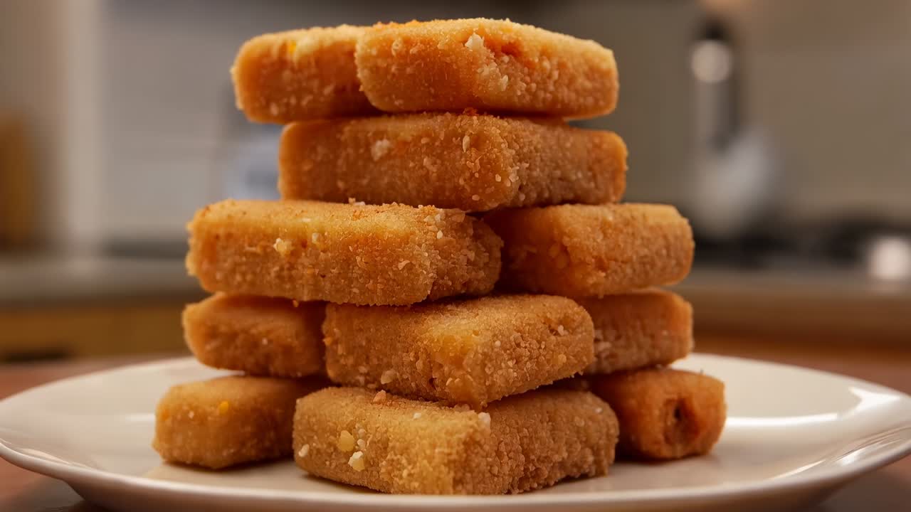 Zooming camera closer to stacked breaded sticks on white plate at kitchen counter showing crust