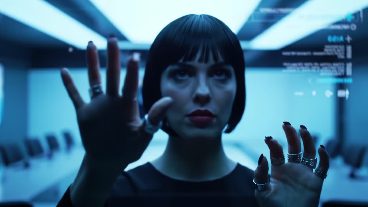 A Mysterious Figure Engages with a Futuristic Interface, Exploring Digital Elements and Engaging Technology in a Dimly Lit Modern Environment