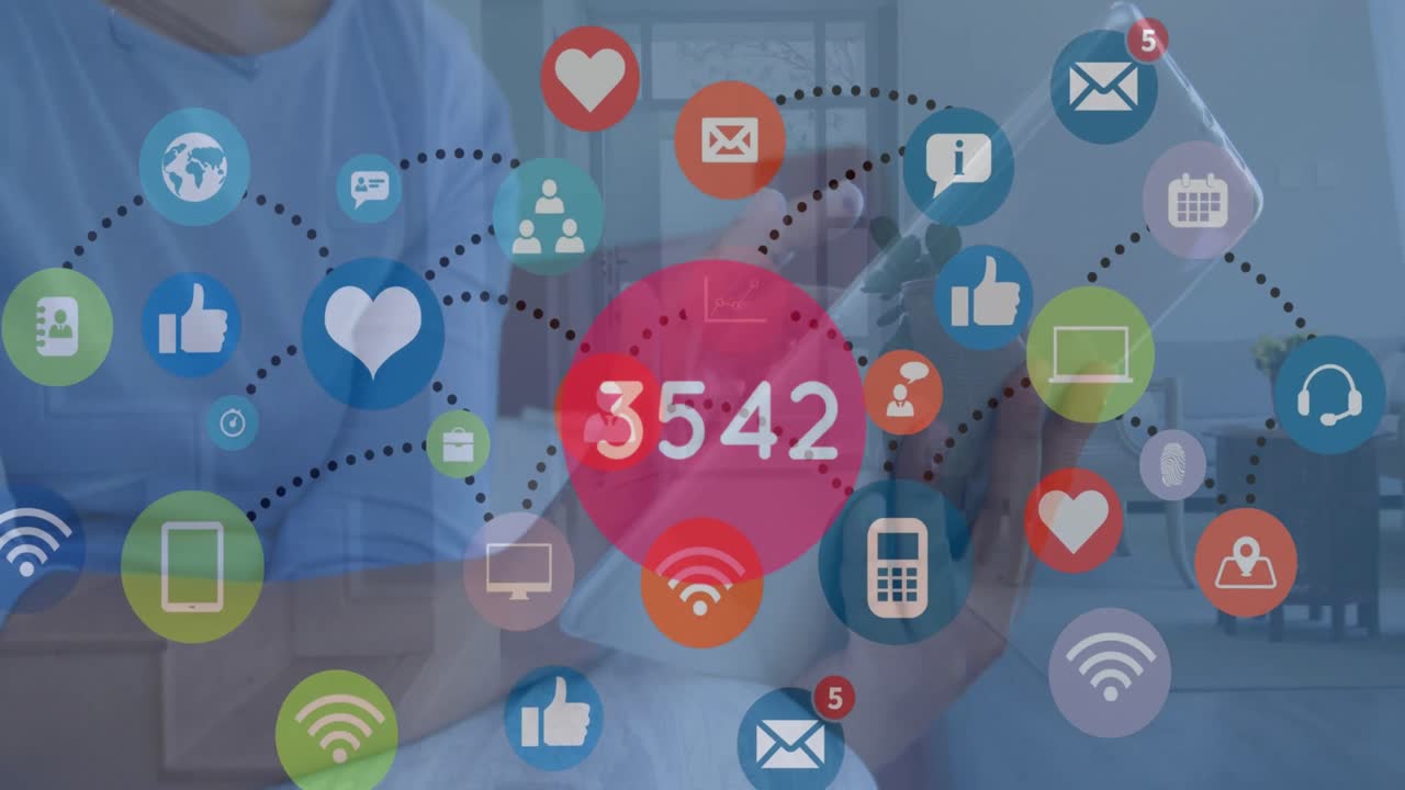 스마트 폰을 사용하여 사람 위에 구름과 디지털 아이콘의 애니메이션