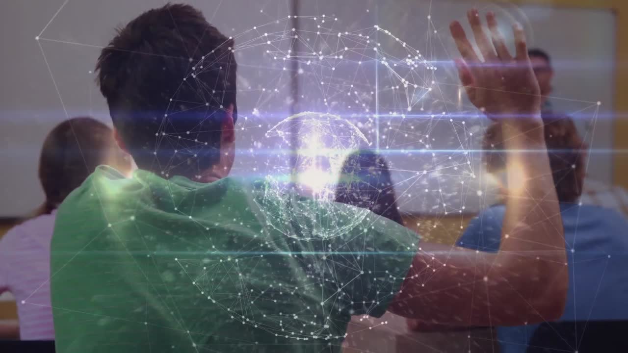 Animation of network of connections with globe over male teacher with students