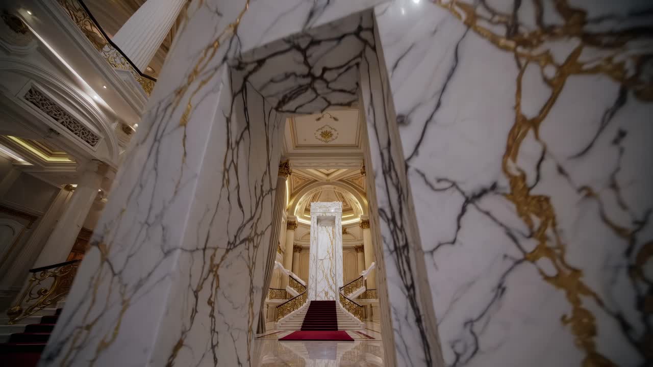 White marble with gold veins creates a stunning visual effect, adding a touch of luxury and sophistication to the interior design of a majestic building